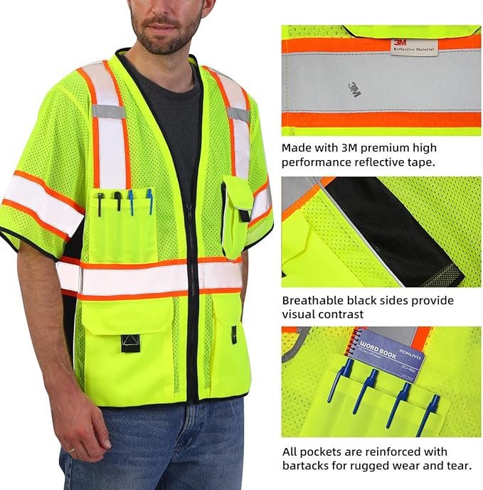 Dib Safety Reflective Mesh Vest ANSI Class 3, High Visibility with Pockets and Zipper, Made with 3M Reflective Tape, Yellow M