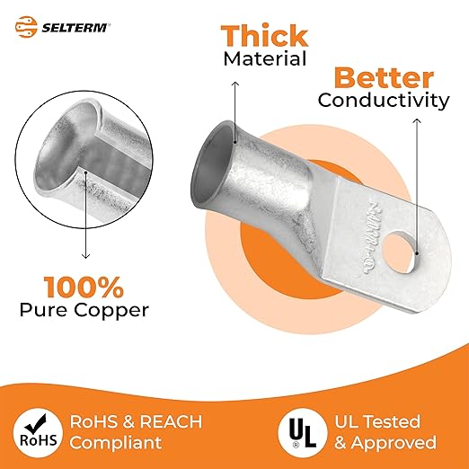 SELTERM 25pcs 4/0 AWG (XL) 3/8" Stud Marine Grade Tinned Copper Battery Cable Lugs, 0000 Gauge Ring Terminals,UL Wire Lugs Electrical Battery Cable Ends, Tinned Copper Lugs Battery Terminal Connectors