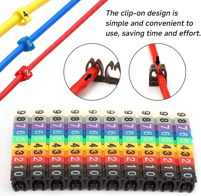 Wire Number Labels, 0.3 x 0.2in Colorful Wire Number Tube Cable Marker, Digital Number Clip on Wire Marker, Plastic Wire Numbering Marker for Wires Management, 100Pcs