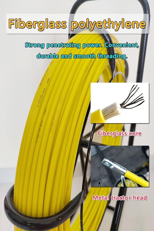 Fish Tape Fiberglass 6mm 656ft wire cable running electrical fish tape wire puller Cable Running Rod with Steel Reel Stand 【6mm*200m】