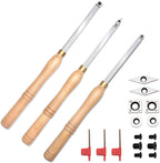 Woodturning Carbide Lathe Tools, 17” Full Size Wood Turning Tool Set of 3 Rougher Detailer Finisher, Includes Replacement Cutter Inserts