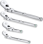 SK 4-Piece Flex-Head Ratchet Set, 1/4", 3/8", 1/2" Drive Ratchet, 90-Tooth, Premium CR-V Construction, Reversible Design, with Contoured Handle