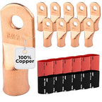 SELTERM 10pcs - 4/0 Awg - 3/8" Stud - Battery Lugs - Ring Terminal Connectors | with 12pcs 3:1 Black & Red Heat Shrink Tubing with Adhesive | Heavy Duty Battery Cable Ends - Bare Copper Wire Lugs Kit