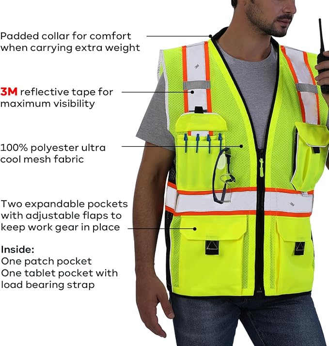 Neopelta Reflective Safety Vest Yellow Mesh, Made with 3M Reflective Tape, Heavy Duty Vest with ID pocket, Padded Neck, Yellow S
