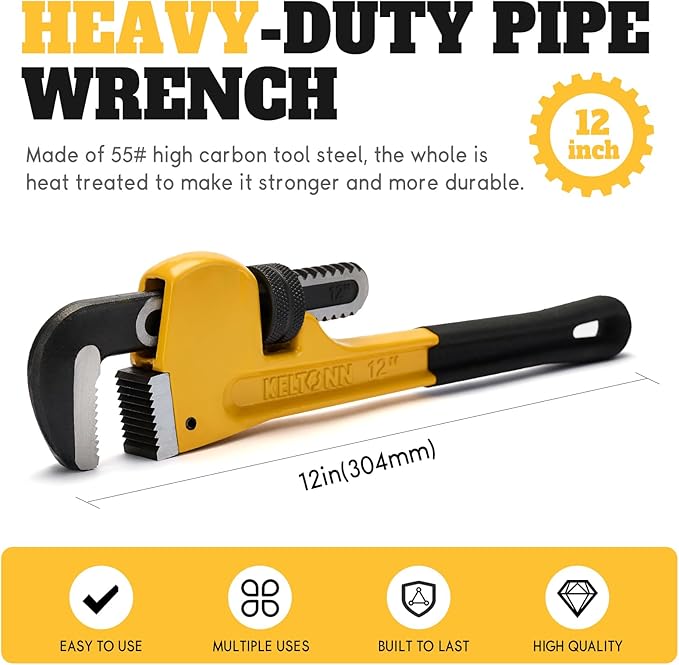 12 Inch Heavy Duty Adjustable Pipe Wrench, Forged High Carbon Steel with Non-Slip Jaw, Durable Plumbing Tool for Pipe Repair & Installation