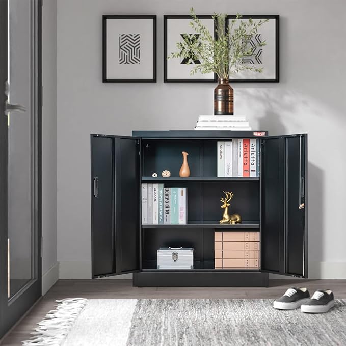 BESFUR Metal Storage Cabinet 36" H, Black Steel Locking Cabinet with 2 Lockable Doors and 2 Adjustable Shelves for Home Office, Garage, School, Apartment, Warehouse