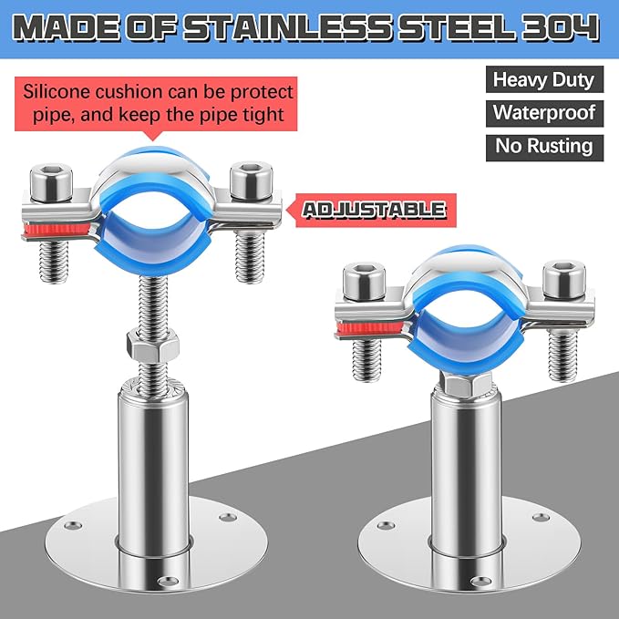 8 Pcs 304 Stainless Steel Wall Mount Ceiling Mount Pipe Supports Bracket, Suitable for OD 1/2"(20-22mm), Adjustable Height 50-100mm, Pipe Strap Clamp with Screws Screwdriver