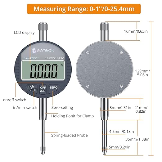 Neoteck DTI Electronic Digital Dial Indicator 1 inch/25.4 mm | Digital Probe Indicator Dial Test Gauge High Resolution: 0.0005 inch/0.01mm - Silver Gray