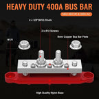 Joinfworld 400A Bus Bar 12V Power Distribution Block with 4 x 3/8" Studs 12 Volt Marine Copper Battery Busbar Terminal Block for Car, Boat, Automotive, RV, Solar Wiring - Negative&Positive