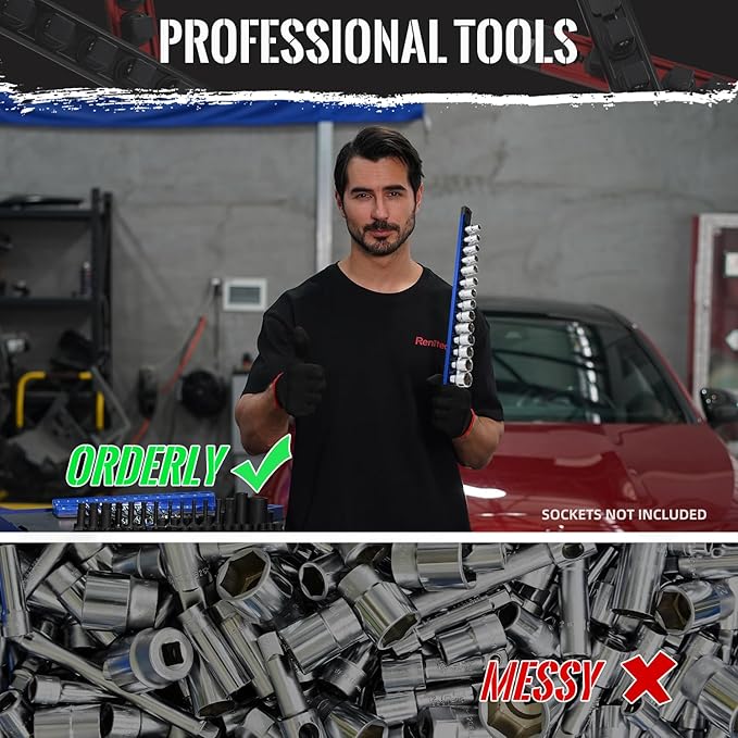 Magnetic Socket Organizer - 6-Piece Heavy Duty Aluminum Socket Holder with 80 Clips for 1/2, 3/8, 1/4-Inch (Black & Blue)