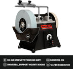 BUCKTOOL 10-Inch Variable Speed Wet Sharpening System, 1.2-Amp Two-Direction Water Cooled Wet Stone Grinder 90-160RPM, Wet Bench Grinder for Knife, Chisel, Knife, Axe, SCM8103