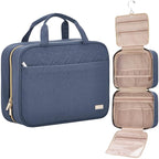 NISHEL Travel Toiletry Bag for women, Portable Hanging Organizer for Full-Sized Shampoo, Conditioner, Brushes Set, Makeup Accessories, Large Size, Aegean-Blue