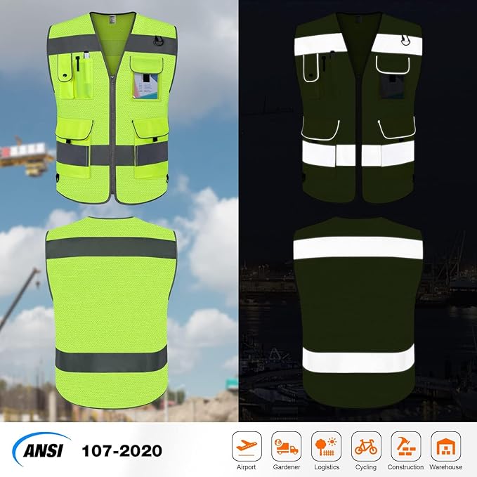 TCCFCCT Mesh High Visibility Vest 9 Pockets Reflective Safety Vest for Men Women, Hi Vis Construction Vest with Reflective Strips, For Workers, Surveyors, Meet ANSI/ISEA Standards, (Yellow, X-Large)