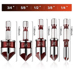 5Pcs Countersink Drill Bit Set, Premium Drill Bit with 82-Degree, 5 Flutes, Quick-Change Hex Shank, 1/4 Inch to 3/4 Inch Size, Counter Sink Bits for Wood, Metal, Plastic