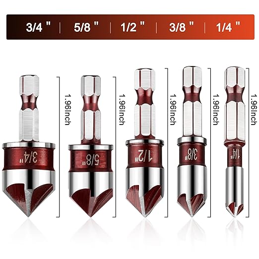 5Pcs Countersink Drill Bit Set, Premium Drill Bit with 82-Degree, 5 Flutes, Quick-Change Hex Shank, 1/4 Inch to 3/4 Inch Size, Counter Sink Bits for Wood, Metal, Plastic