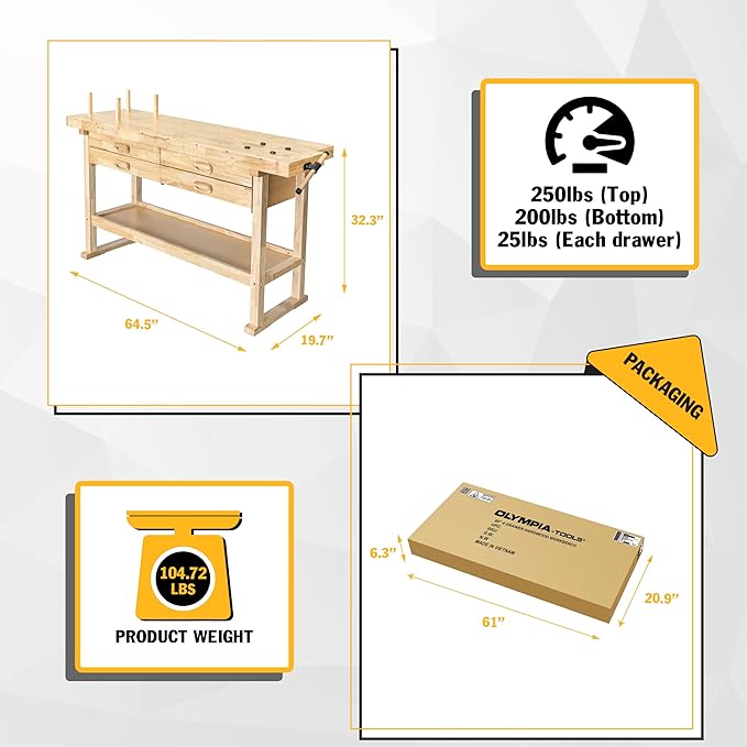 Olympia Tools 60-Inch Rubber Hardwood Workbench with 4-Drawers - 450lbs Weight Capacity Heavy Duty Portable Wood Work Bench Table for Garage, Workshop, Home Storage - Woodworking Wooden Workbenches