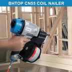 BHTOP CN55N Pneumatic Nail Gun, 15 Degree Professional Coil Nailer, 1 Inch to 2-1/4 inch Coil Pallet Nail Gun, 350-pcs Load Capacity Pallet Nailer Blue