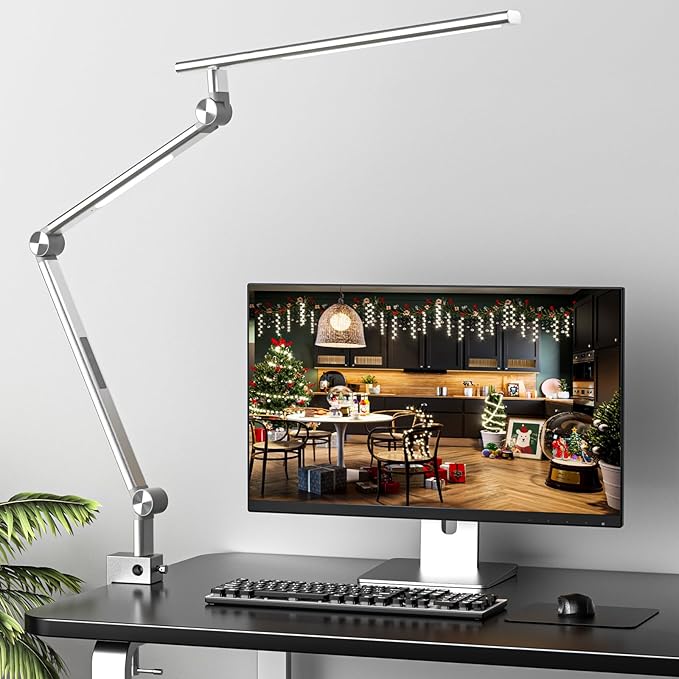 VERSKI LED Desk Lamp, Dual Light Source 18W Brightest, Eye-Caring Optical Lens, Task Lamp with 5 Color Modes & Brightness, Aluminum Alloy Clip or Clamp