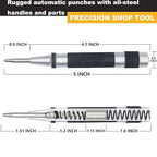 2 Pack Steel Automatic Center Punch with Adjustable Stroke - 5" (125mm) Length Spring Loaded Style, Knurled Steel Handle for Metal Wood Glass Plastic, Metal Marking Tool for Woodworking