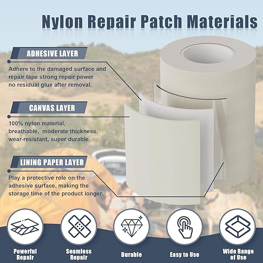 3x79 Inch Nylon Repair Patch Nylon Repair Tape Self Adhesive Fabric Tapes Outdoor Camping Gear Fabric kit for Tent, Umbrella, Down Jackets, Sleeping Bag, Knapsack（Beige Yellow）
