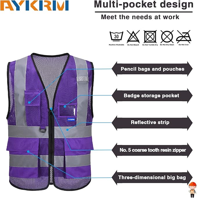A-SAFETY High Visibility Mesh Safety Reflective Vest with Pockets and Zipper,Hi Viz Work Vest for Men Women (Purple Mesh 4XL-5XL)