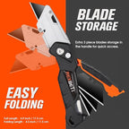 REXBETI 6 Pack Retractable Folding Utility Knife, SK5 Heavy Duty Box Cutter for Cartons, Cardboard and Boxes, Blade Storage Design, Extra 20 Blades Included