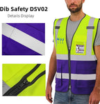 Dib Safety Reflective Vest High Visibility with Pockets and Zipper, Yellow and Purple M