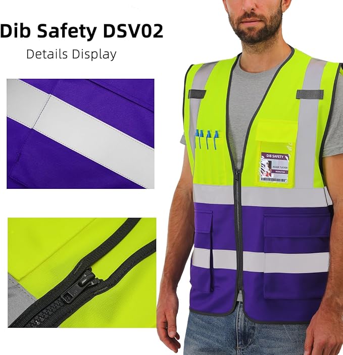 Dib Safety Reflective Vest High Visibility with Pockets and Zipper, Yellow and Purple XL