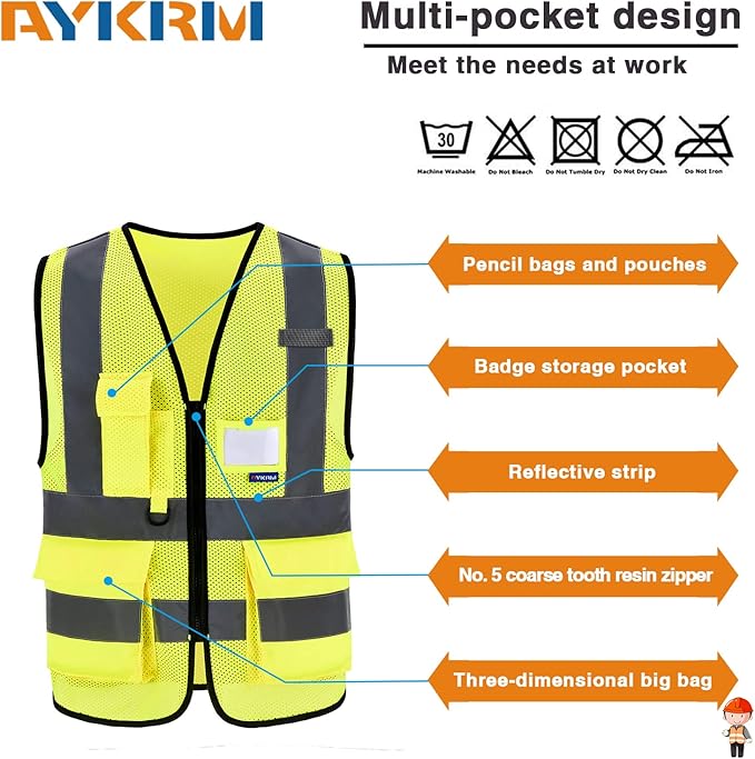 A-SAFETY High Visibility Mesh Safety Reflective Vest with Pockets and Zipper,Hi Vis Viz Reflective Safety Vest(Yellow Mesh XL)