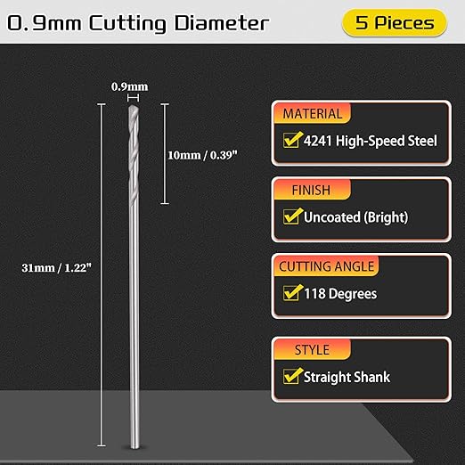 Drill Bit, 0.9mm Cutting Diameter, 4241 HSS 118° Cutting Angle Uncoated Bright Versatile Jobber Bits - (Applications: for Drilling Plastic Wood Soft Metal), 5-Pieces