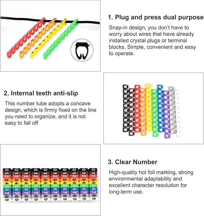 Digital Tube Wire 0-9 Number Coded Clip On Plastic Cable Label Tube Colorful Cable Marker C Shape Suitable Multi-Type Cable (100Pcs 2.5mm²)