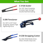 IDL Packaging - S-290, H-230, C-3126 Strapping Tool Set for 3/4" Steel Strapping - Tensioner, Sealer, Cutter for Steel/Metal Banding - Packaging Strapping Tool Kit