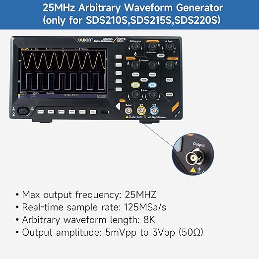 OWON Oscilloscope, OWON SDS220S Digital Oscilloscope 200MHz Bandwidth 2+1 Channel 1GSa/s Sample Rate with 25MHz Waveform Generator 7 inch LCD Display