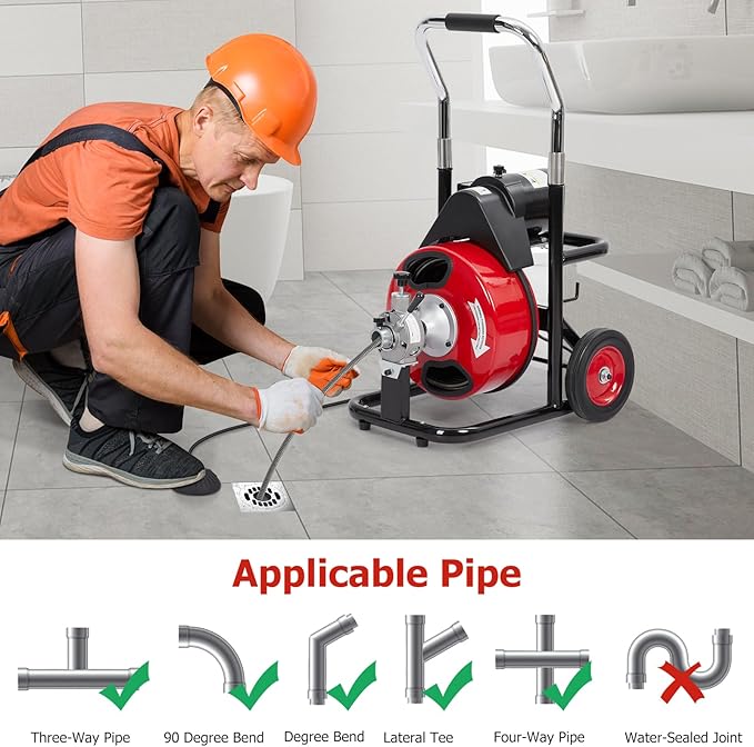 100 FT x 3/8 Inch Drain Cleaner Machine with 370W Motor, Auto Feed Sewer Snake Auger with 8 Cutters & Air-activated Foot Switch, Semi-Enclosed Drum Drain Cleaning Tool for 2" to 4" Pipes