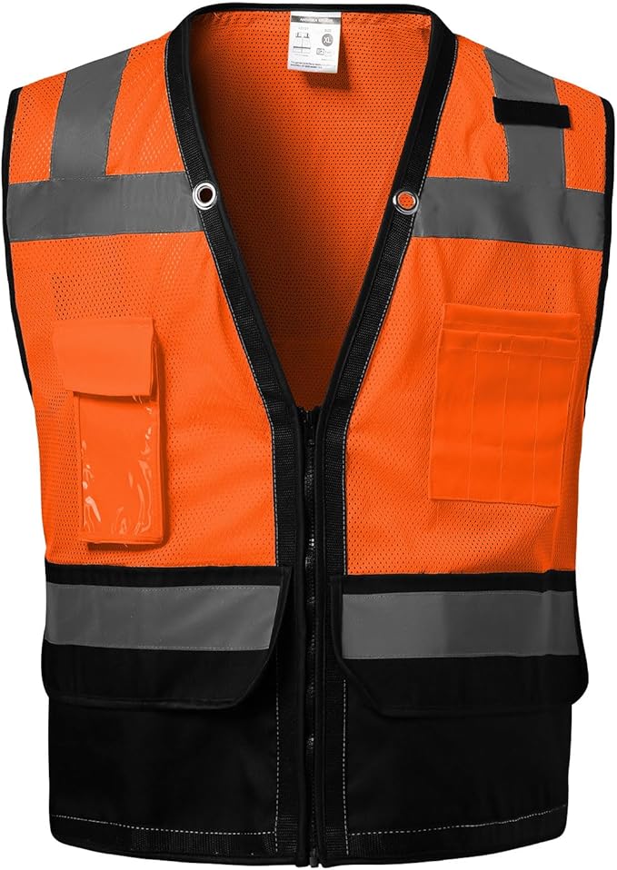 Reflective Safety vest With back plan pocket,High visibility Class 2 Heavy Duty Surveyor Vest with Zipper,Hi Vis Construction Work Vest for Men＆Women ANSI/ISEA(Orange-Bottom,M)