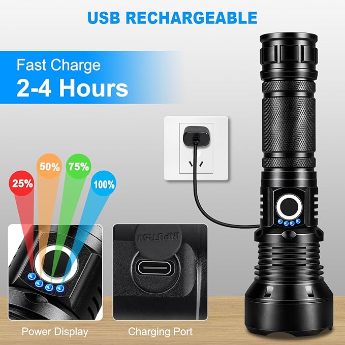 KINGCAESAR Flashlights High Lumens Rechargeable, 2 Pack 90,000 Lumens Super Bright Flashlight, 5 Modes LED Flashlight, IPX7 Waterproof Powerful Flash Light for Home, Outdoor Activities