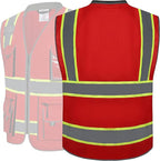 JKSafety 10 Pockets Hi-Vis Zipper Front Fluorescent Red Safety Vest | Cushioned Collar | High Reflective Tapes with Extended Neon Yellow Strips | Meets ANSI/ISEA Standards (Medium, 89-Red)