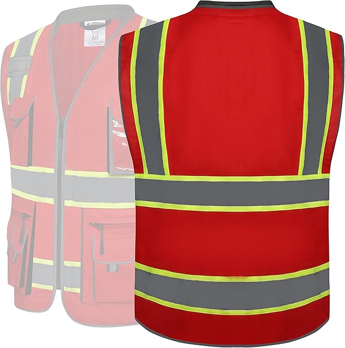 JKSafety 10 Pockets Hi-Vis Zipper Front Fluorescent Red Safety Vest | Cushioned Collar | High Reflective Tapes with Extended Neon Yellow Strips | Meets ANSI/ISEA Standards (5X-Large, 89-Red)