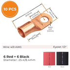 SELTERM 10pcs - 4/0 Awg - 1/2" Stud - Battery Lugs - Ring Terminal Connectors | with 12pcs 3:1 Black & Red Heat Shrink Tubing with Adhesive | Heavy Duty Battery Cable Ends - Bare Copper Wire Lugs Kit