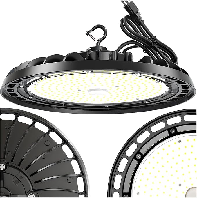 LED High Bay Light 200W, 12' UFO Commercial Lighting Fixture w/Isolated Power Supply, w/Plug for Garage Shop Warehouse Workshop, 5000k 28000lm Dimmable IP65 UL ETL Listed (1-Pack)