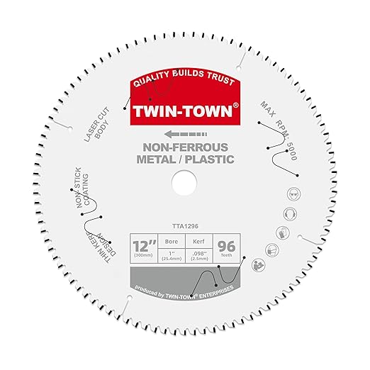 TWIN-TOWN 12-Inch 96 Tooth TCG Aluminum Cutting Saw Blade for Miter/Table Saws - Precision Circular Saw Blades for Aluminum, Plastics, Non-Ferrous Metals with 1" Arbor