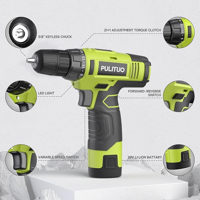 PULITUO 12V Green Cordless Drill Set - Power Drill Kit with Battery and Charger, 3/8-Inch Keyless Chuck, Built-in LED, 21+1 Torque Setting