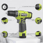 PULITUO 12V Green Cordless Drill Set - Power Drill Kit with Battery and Charger, 3/8-Inch Keyless Chuck, Built-in LED, 21+1 Torque Setting