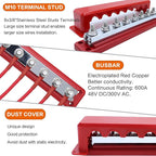 600 A High Current Copper Bus Bar 300V AC / 48V DC 8 Way 3/8 inch (M10) Studs 8#8-32 Screws Electrical Terminal Ground Distribution Block Battery Buss Bars with Cover (Red)