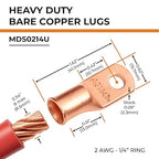 SELTERM 25pcs 2 AWG 1/4" Stud Battery Lugs, Ring Terminals, Heavy Duty Copper Wire Lugs, Battery Cable Ends, 2 Gauge Ring Terminal Connectors, UL Bare Copper Eyelets Electrical Battery Cable Lugs