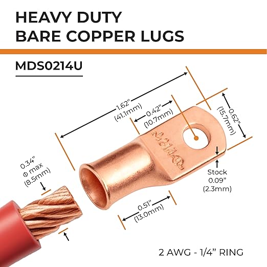 SELTERM 2pcs 2 AWG 1/4" Stud Copper Wire Lugs, Battery Lugs, Ring Terminals, Battery Cable Ends, 2 Gauge Ring Terminal Connectors, UL Heavy Duty Bare Copper Eyelets Battery Terminal Connectors