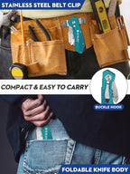 BIBURY Utility Knife, Heavy Duty Folding Box Cutter, Pocket Carpet Cutter Knife with 10 Extra SK5 Stainless Steel Blades, Easy Release Button, Belt Clip, Quick Change and Safety Lock-Green