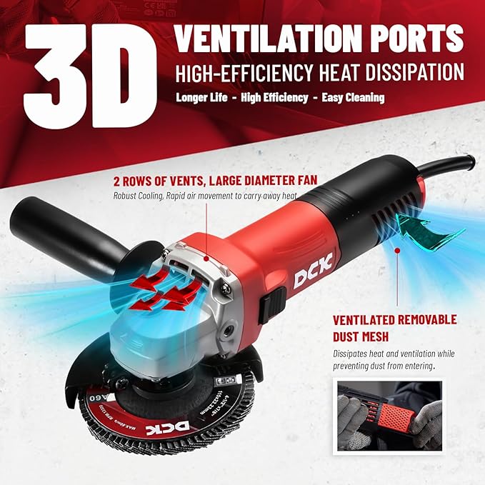 DCK Angle Grinder, 4-1/2-Inch, 6.7Amp Cut off Tool Grinder, 11,800 RPM with 2 Safety Guards, 6-Piece Discs (2 Cutting/2 Grinding/2 Flap Discs), Professional Angle Grinder for Metal, Wood (KSM09-115S）
