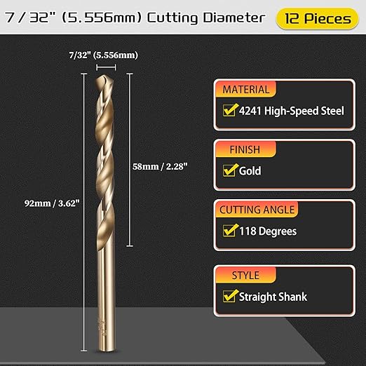 Drill Bit, 7/32" Cutting Diameter (5.556mm), 4241 HSS Gold 118° Cutting Angle Versatile Jobber Bits - (Applications: for Drilling Plastic Wood Soft Thin Metal), 12-Pieces