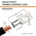 SELTERM 25pcs 1 AWG 1/2" Stud Marine Grade Tinned Copper Battery Cable Lugs, 1 Gauge Ring Terminals, UL Wire Lugs Electrical Battery Cable Ends, Tinned Copper Lugs Battery Terminal Connectors